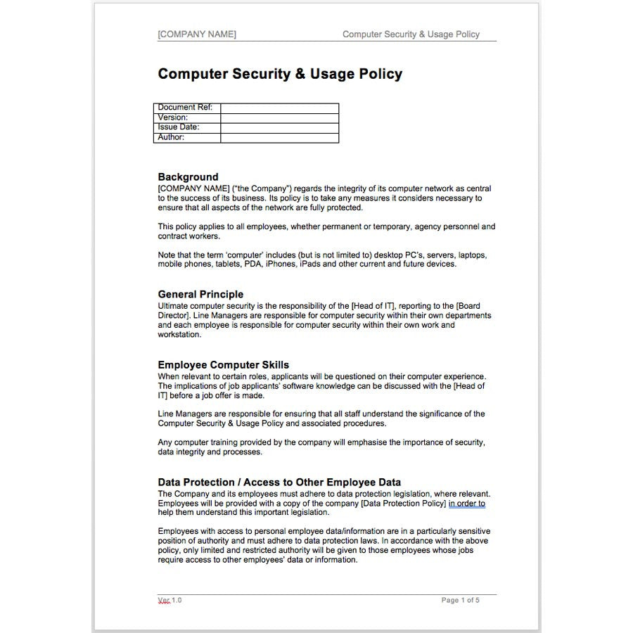 Computer Security & Usage Policy template