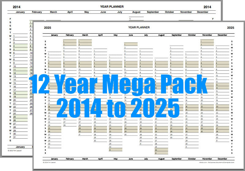 Year Planner Calendar Mega Pack 2014 to 2025