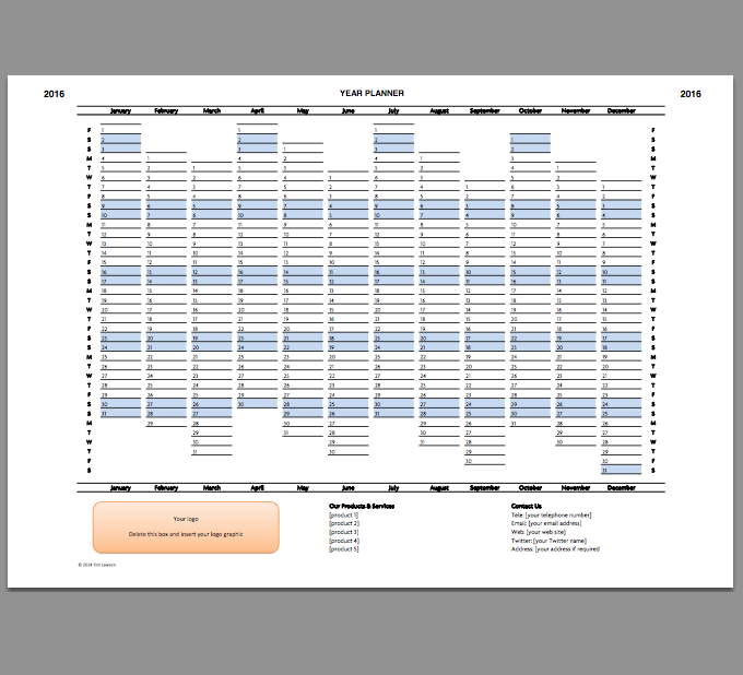 2016 Year Planner Calendar Excel Template