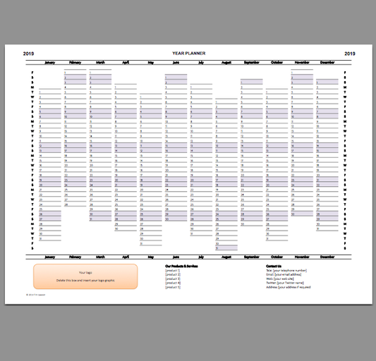 2019 Year Planner Excel Template A4 / A3