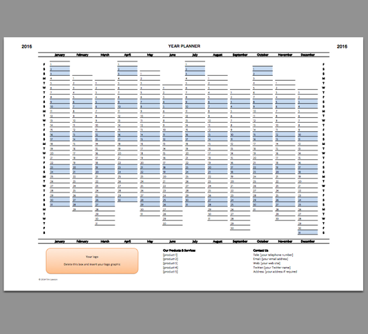 2016 Year Planner Calendar Excel Template