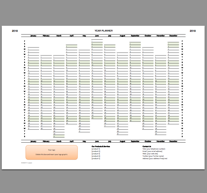 2018 Year Planner Excel Template