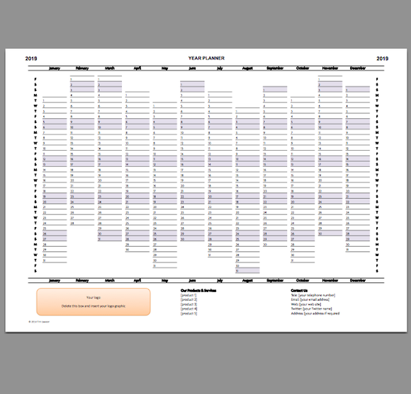 2019 Year Planner Excel Template A4 / A3